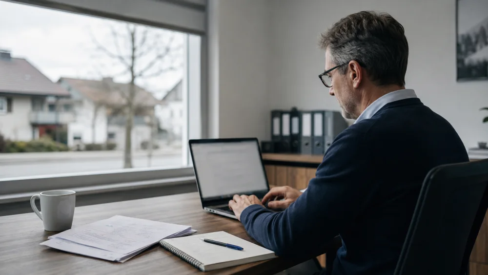 Un dirigeant d'une cinquantaine d'années, seul à son bureau devant la fenêtre, écrit un courriel sur son ordinateur portable. À côté de lui, un contrat annoté et un carnet ouvert.